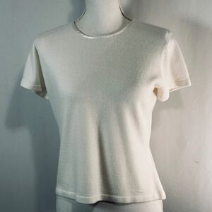 Studio Works Petite Cream Short Sleeve Knit Top Satin Trim PM RN 70246
